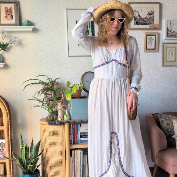 Vintage 70s Handmade Prairie Dress White Long Sleeve Ruffle Maxi Dress - Picture 2 of 11